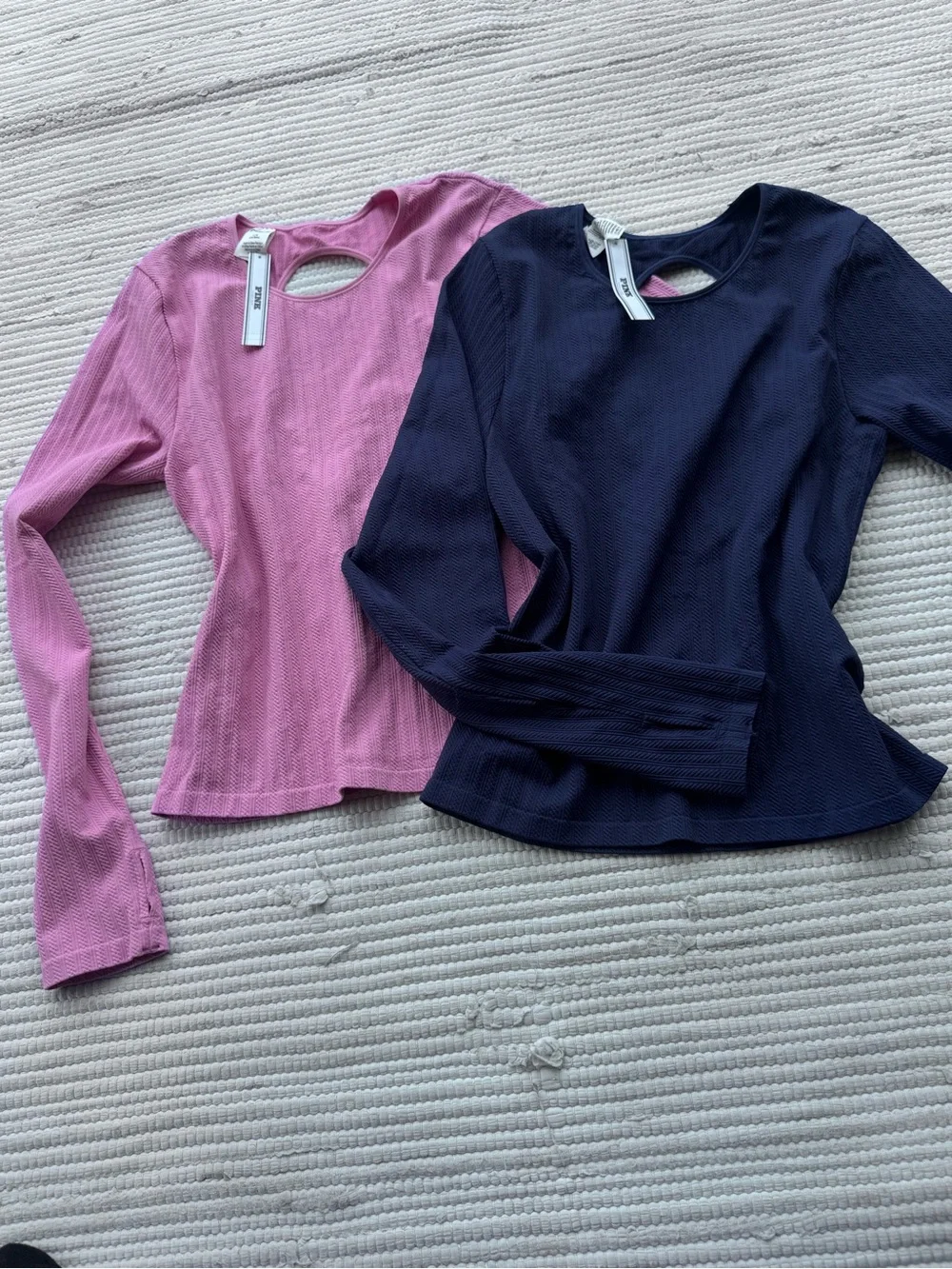 PINK Textured Open-Back Long Sleeve Top Bundle | Pink & Navy | Size Large NWT - Picture 2 of 11
